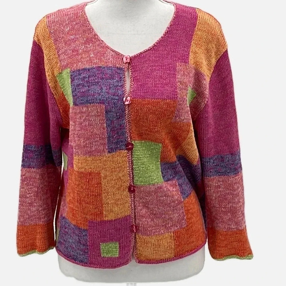 Sigrid Olsen Sport Linen Blend 3/4 Sleeve Patchwork Knit Cardigan - Small Petite - Picture 1 of 6